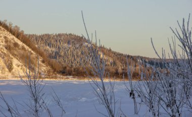 Karla kaplı tepeler, yamaçlarda yemyeşil ağaçlar, günbatımında. Bir sürü kar ve don ağacı var.. 