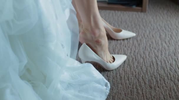 Wedding Day Young Girl Hand Puts Shoes Strokes Her Legs — Stock Video