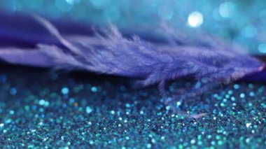 blue feather on a blue shiny background swaying from the wind and flies away.