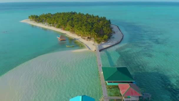 パラダイスで無限のターコイズブルーの海と白い砂を持つ熱帯海岸の空中風景バラバックのヤシの木の多くに囲まれたオノク島 パラワン フィリピンの熱帯休暇のコンセプト — ストック動画