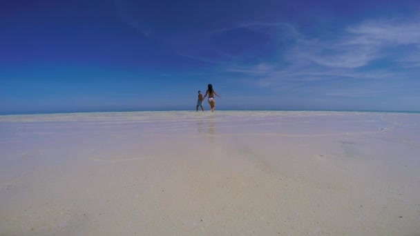 バラバック パラワン フィリピンのMansalangan砂州で澄んだ青い空の砂州で遊んでいる素敵な旅行のカップル 白い砂州のターコイズブルーの水 — ストック動画