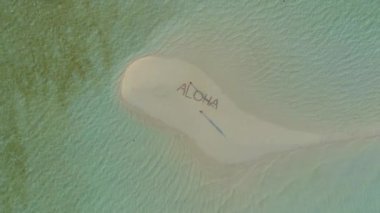 Aloha 'nın Candaraman Kum Çubuğu' ndaki yıldız balıklarından yapılmış 4k hava görüntüsü. İnsansız hava aracı Balabac, Palawan, Filipinler 'de gün batımında kumsalda yürüyen çiftler için dönüyor.