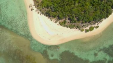 Beyaz kumlu sahil ve mercan kayalıkları olan küçük bir adanın en üst manzarası. Filipinler 'in Balabac kentindeki Pembe Ada' da gökyüzü suyu ve mercan resifleriyle çevrili 4k Hava Deniz Burnu Tropikal Adası