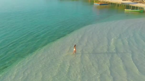 Кінетичний Вигляд Жінки Самоті Ізольованому Білому Піщаному Барі Острові Онок — стокове відео