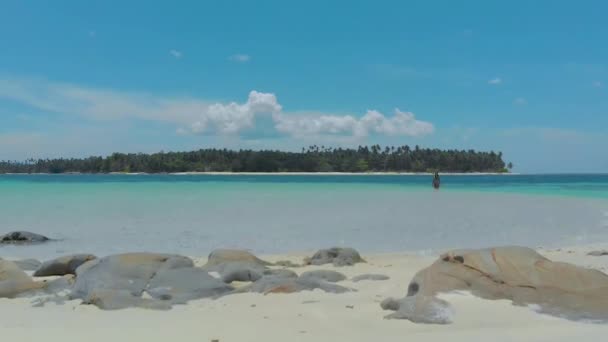 Vista Aérea Uma Mulher Sozinha Numa Ilha Tropical Isolada Menina — Vídeo de Stock