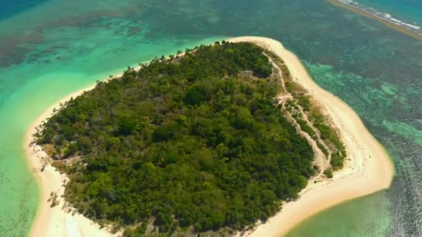 Вид Сверху Небольшой Остров Белым Песчаным Пляжем Коралловыми Рифами Воздушный — стоковое видео