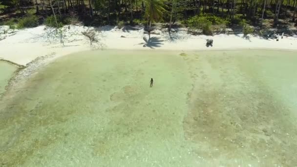 Беспилотник Поднимается Над Женщиной Середине Белого Песчаного Пляжа Бирюзовая Вода — стоковое видео