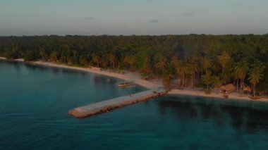 Filipinler 'in Balabac kentindeki Candaraman Adası' nda gün batımında palmiye ağaçlarının 4k hava manzarası. Tropikal adada gün batımı bir sürü palmiye ağacı ile çevrilidir..