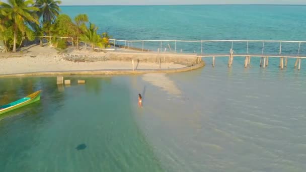 菲律宾巴拉巴克岛奥诺克岛 一名妇女一个人走到一个孤立的白色沙洲上 带着木制拱门的码头的4K航拍照片 — 图库视频影像