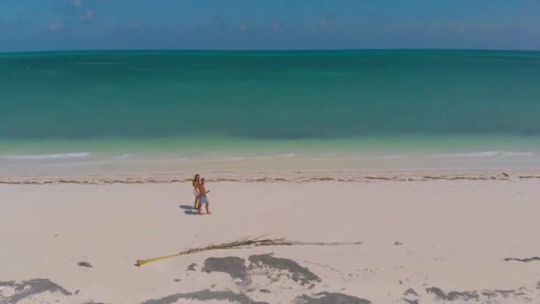 バラバックのプンタ セーリング Punta Searing のターコイズブルーの水の近くの白い砂浜を歩く素敵な旅行カップル フィリピンのパラワンでの4K空撮 — ストック動画