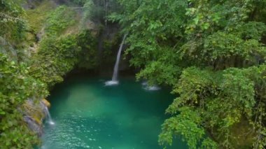 Cebu 'daki Kawasan Şelalesi' nin yeşil suyu. Filipinler, Cebu tropikal ormanında bir dağ geçidinde akan şelale.