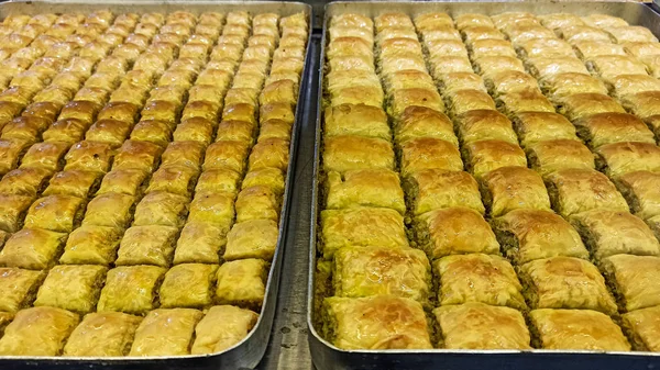 Turkish traditional dessert Baklava at the showcase of the dessert shop in Istanbul, Turkey