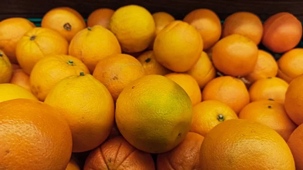 Naranjas Saludables Orgánicas Mercado Montón Frutas Frescas Color Naranja Fondo —  Fotos de Stock