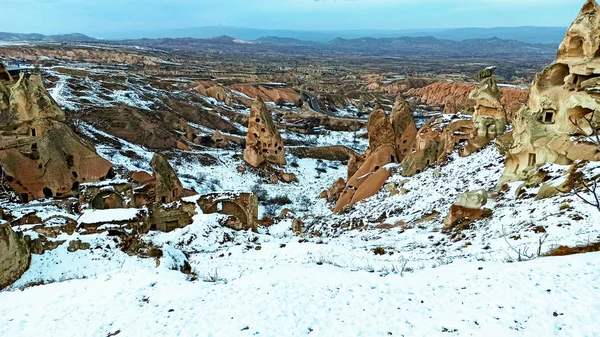 Fairy Chimney Caves Pigeon Valley Covered Snow Winter Uchisar Cappadocia — Stock Photo, Image