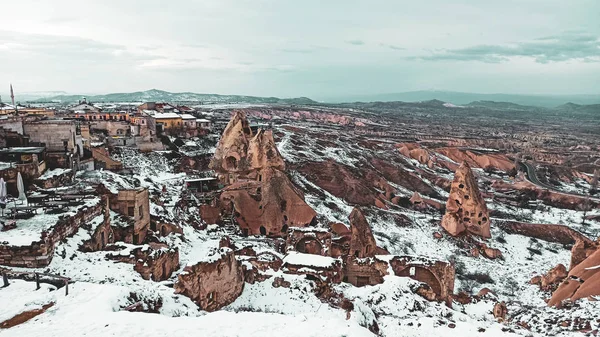 Fairy Chimney Caves Pigeon Valley Covered Snow Winter Uchisar Cappadocia — 스톡 사진