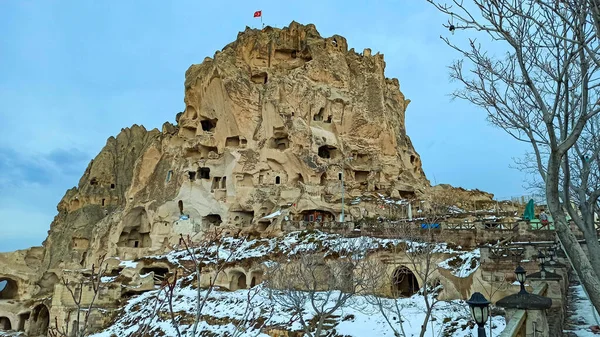 Fairy Chimney Caves Pigeon Valley Covered Snow Winter Uchisar Cappadocia — 스톡 사진