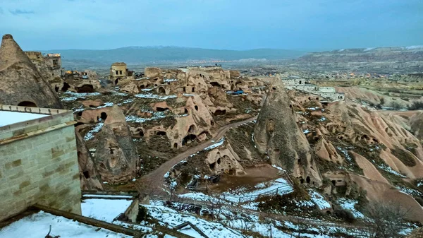 Fairy Chimney Caves Pigeon Valley Covered Snow Winter Uchisar Cappadocia — 스톡 사진