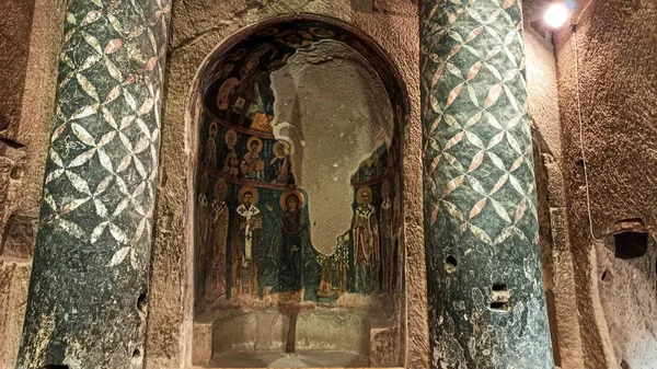Mosteiro Gumusler Por Dentro Frescos Sagrados Parede Igreja Caverna Capadócia — Fotografia de Stock