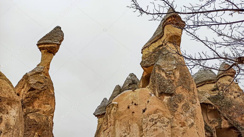 Fairy Chimneys at Pasabag, the valley of the monks in Goreme. Rock Formations with multihead stone mushroom fairy chimneys in Pasabag, Cappadocia, Turkey