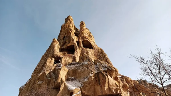Starożytne Kamienne Domy Jaskiniowe Wyryte Skale Wulkanicznej Kapadocji Turcja — Zdjęcie stockowe