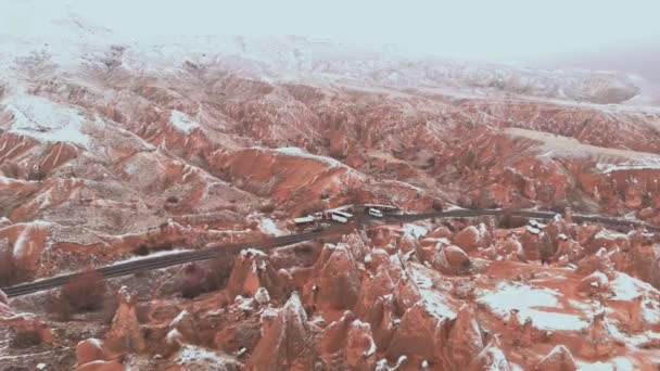 Cinematic Aerial View Snowy Landscape Devrent Valley Cappadocia Fairy Chimneys — Stock Video