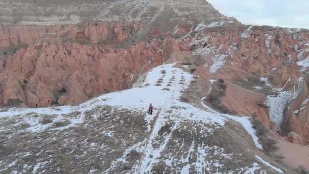 Paisaje Aéreo Mujer Sola Valle Rojo Cubierto Nieve Con Sus — Vídeos de Stock