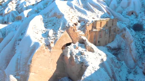 Aerial View Pigeon Valley Cave Houses Covered Snow Sunrise Cappadocia — Stock Video