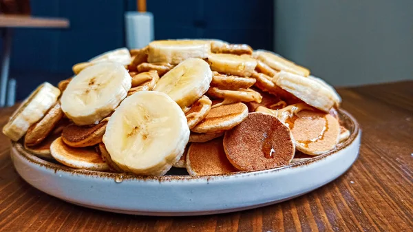 Plate Poffertjes Traditional Dutch Mini Pancakes Served Honey Peanut Butter — Stock Photo, Image