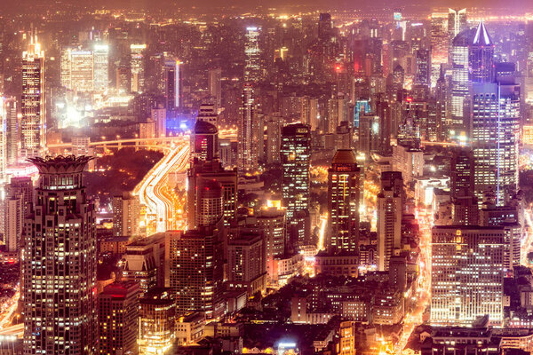 Aerial view of Shanghai city center at evening time. China.