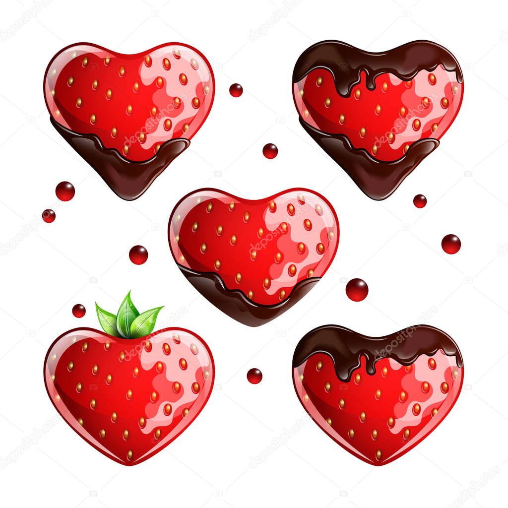 Set of fresh strawberries with chocolate on white background.