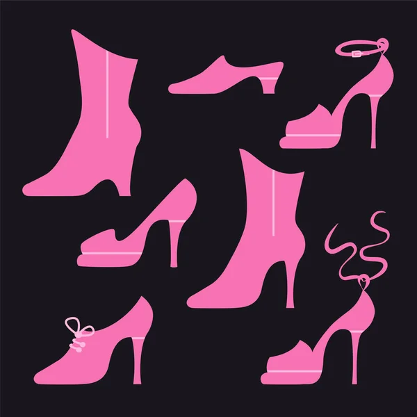 Diversi tipi di scarpe da donna su sfondo nero . — Vettoriale Stock