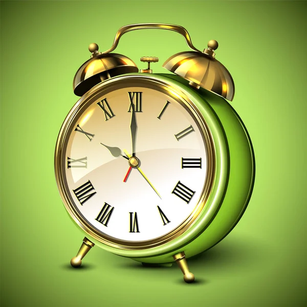 Green retro style alarm clock on green background. — Stock Vector