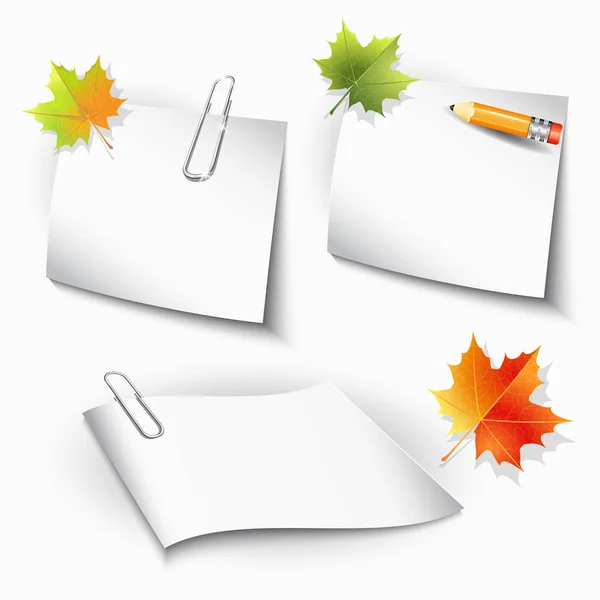 Papiers trombones et feuilles, crayon et feuilles d'automne . — Image vectorielle
