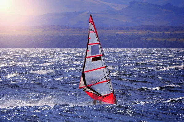 Sportman windsurfer op het oppervlak van het meer. — Stockfoto