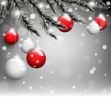 Çam ağacı dalları Noel kartpostal arka plan üzerinde üzerinde yılbaşı oyuncakları.