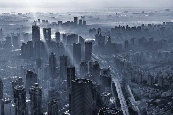 Smoke above Shanghai city center at sunrise time. — Stock Photo, Image