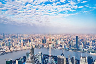 Shanghai şehir merkezinin havadan görünümü.