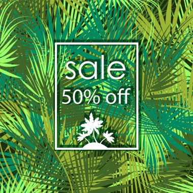 Satılık 50 yüzde indirim üstünde palmiye ağaç arka plan.