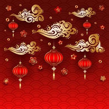 Renkli arka planda geleneksel Çin Yeni Yılı Kırmızı Fenerleri.