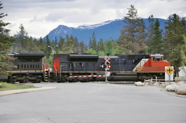 Yük treni Jasper 'da karşıdan karşıya geçiyor. Alberta. Kanada.