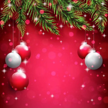 Çam ağacı dalları Noel kartpostal arka plan üzerinde üzerinde yılbaşı oyuncakları.