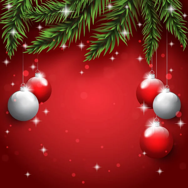 クリスマスはがき背景に松の木の枝に新年のおもちゃ. — ストックベクタ