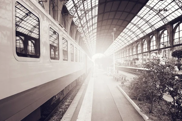 Kereta penumpang berdiri di peron sebelum keberangkatan. — Stok Foto