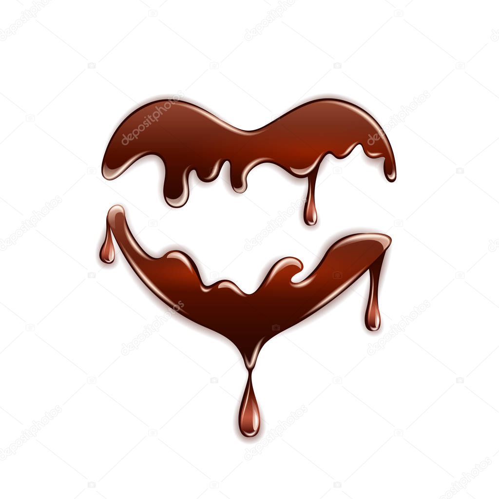 Dark chocolate in the heart shape on white background.