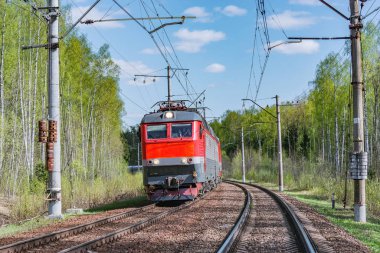 Yolcu treni bahar zamanı orman arka planında hareket eder..