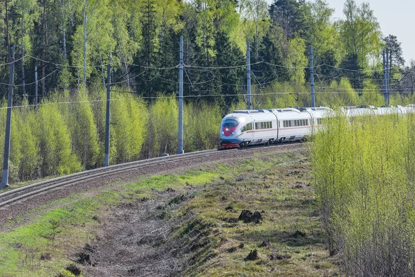 Tren de alta velocidad se acerca a la estación en el día de primavera . — Foto de Stock