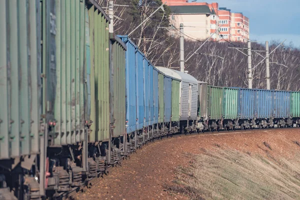 Comboio Carga Move Pela Floresta Primavera — Fotografia de Stock