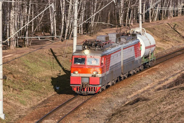 春の昼間は森のそばを貨物列車が移動 — ストック写真