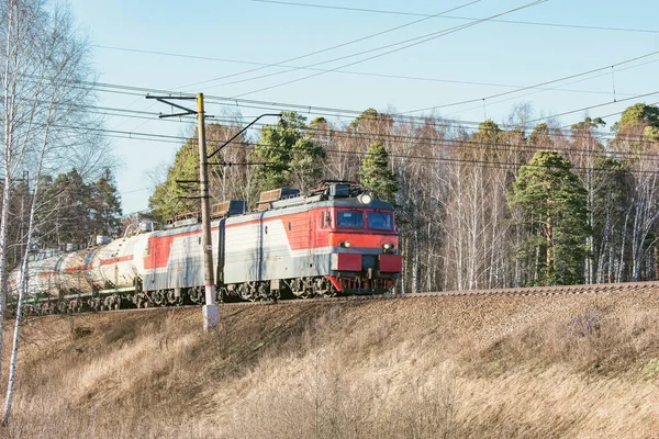 Tren Mercancías Mueve Por Bosque Día Primavera — Foto de Stock