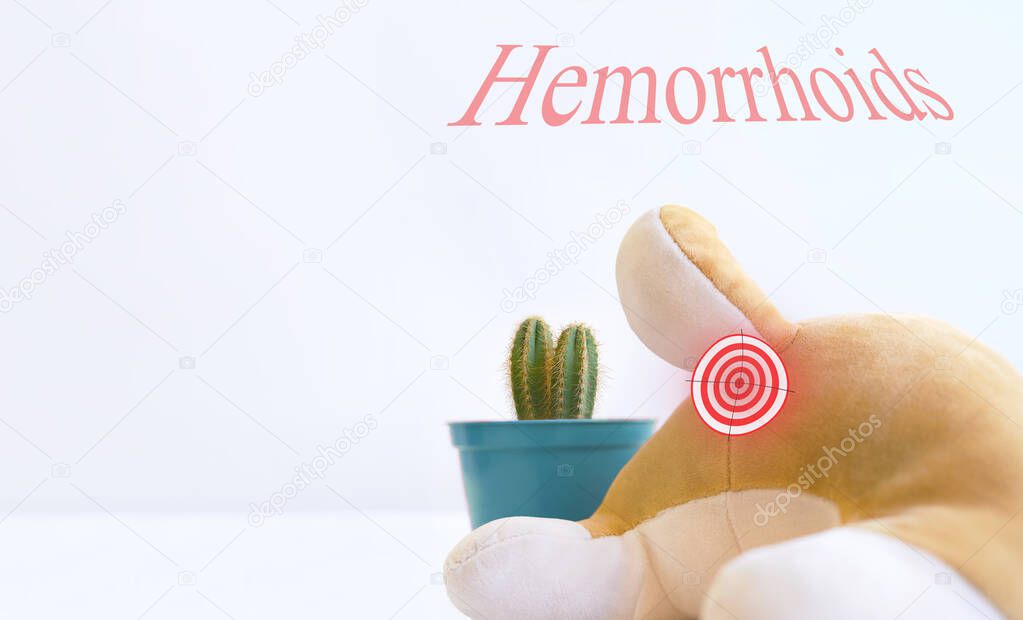 The toy lies backwards and a cactus in a pot. The concept of hemorrhoids and its treatment. Copyspace